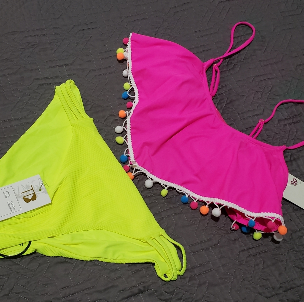 BRAND NEW 💕So & TiniBikini Hot Pink Neon Yellow Swim Bikini Top & Bottom Medium